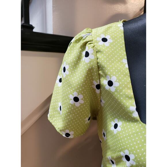 Forever 21 Daisy Dress Women's M Green Polka Dots Pleated Puff Sleeve Back Zip - Picture 11 of 11